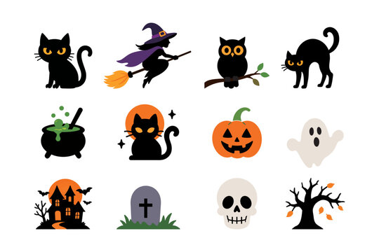 Halloween Vector Elements Set with Black Cats  Witch  Owl  Pumpkin  Ghost  Haunted House and Skull