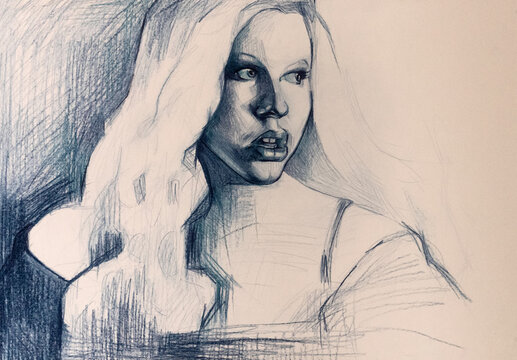 Ritratto artistico monocromatico di giovane donna con capelli biondi e lunghi, schizzo espressivo a penna biro blu e matita con tratteggio incrociato su sfondo neutro, studio anatomico