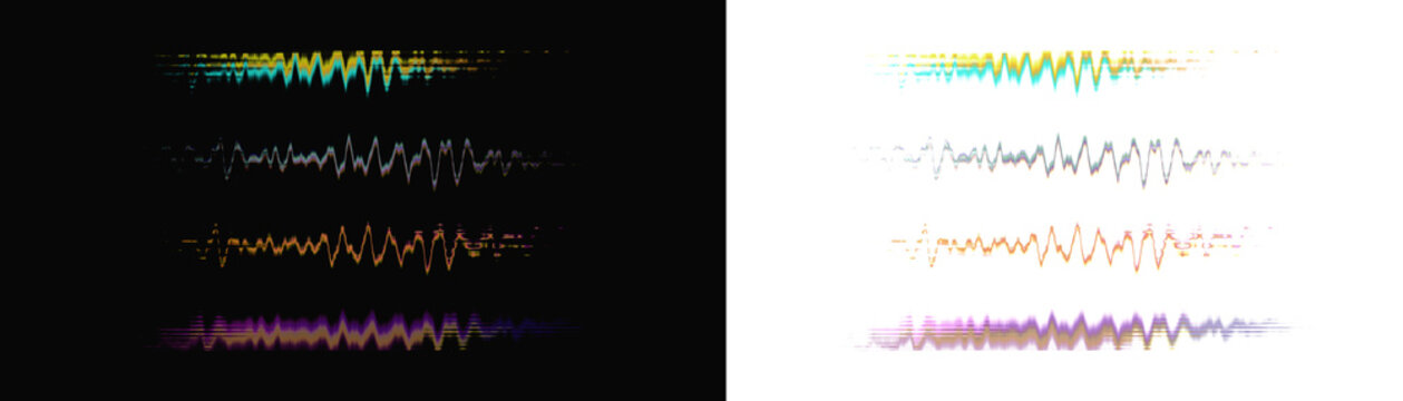 Colorful waveform displays against a dark background illustrate sound visualization concepts with a transparent background
