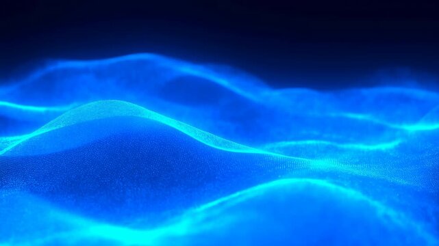 Luminous blue particle mesh waves undulate across dark navy background, forming layered rolling contours with bright cyan edges, fine dotted texture, soft glow, and shifting abstract depth