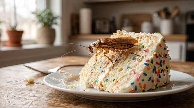 Cockroach on a Birthday Cake: A startling close-up reveals a cockroach perched atop a slice of vanilla birthday cake adorned with colorful sprinkles, set against a blurred kitchen background.