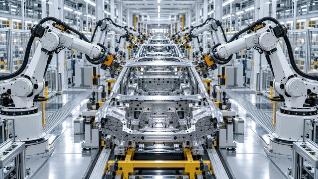 robotic arms assembling car body frames on automated production line inside modern automotive factory