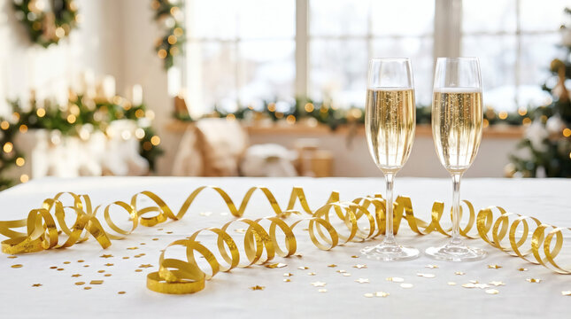 Gold streamers and champagne glasses on a white table, bright new year brunch