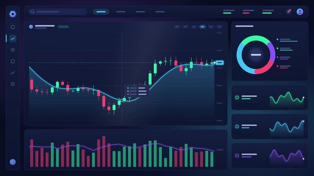 Stock market trading dashboard video clip showing fluctuating candlestick charts and financial data analytics in motion
