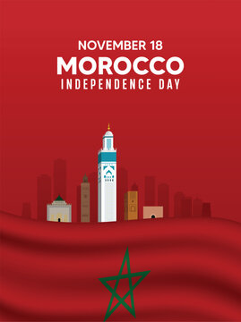 Morocco Independence Day Poster Featuring Red Waves, Mosque Silhouette vector poster