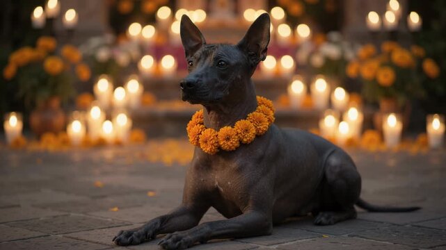 Mexican hairless dog wearing orange marigold flower garland collar lies near glowing candles, celebrating el dia de muertos day of the dead festival altar during traditional autumn night.