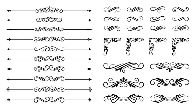 Vintage scroll dividers and corner ornaments collection. Black decorative flourishes