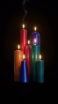Group of lit and extinguished candles glowing in darkness
