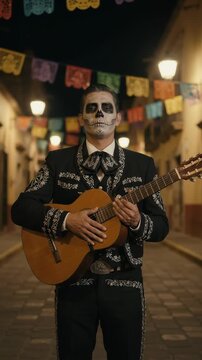 Mexican mariachi musician wearing skull face makeup holds acoustic guitar for el dia de muertos festival, traditional holiday honoring day of the dead on night street decor.