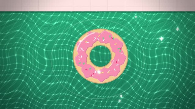 Pink sprinkle donut float splashing into green pool water