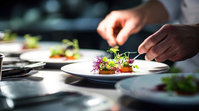 Chef hands carefully plating gourmet dish with microgreens and garnish in professional restaurant kitchen.