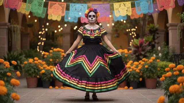 Mexican woman wearing catrina skull makeup spinning in traditional dress, celebrating el dia de muertos day of the dead, surrounded by marigold flowers, colorful garland, decorated holiday courtyard.