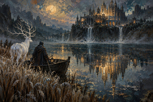 A ferryman waits beside a pale eyeless stag as a lantern palace reflects in black water, imagining a mysterious passage between worlds in an atmospheric dark fantasy oil illustration painting.