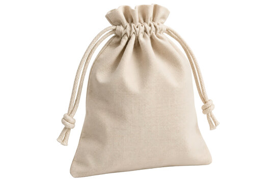 Beige drawstring pouch bag on white background