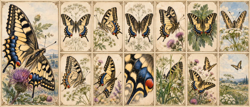 Vintage natural history specimen sheet featuring a beautiful swallowtail butterfly, detailed botanical engraving, watercolor illustration, antique scientific plate, museum style, entomology
