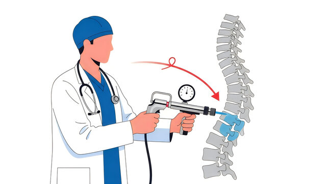 Orthopedic surgeon applying pressure decompression device to human spinal column. Medical illustration of spine therapy, herniated disc treatment, orthopedics