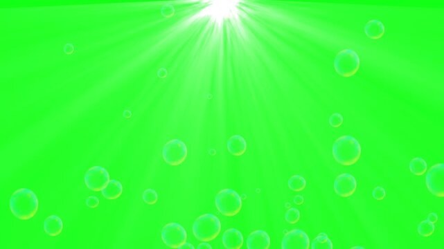 Animation of soap bubbles slowly rising, illuminated by sunlight, against a green screen. Soap bubbles floating and moving slowly. Slow motion of soap air bubbles texture. 4K Video.