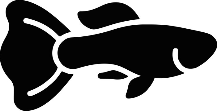 Silhouette of a guppy fish with a large flowing tail fin, simple vector icon design for aquarium or pet shop branding