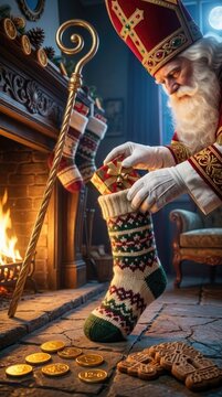 Sinterklaas festive tradition: Happy Saint, Nicholas Day, gift stocking, golden coin, bishop mitre, fireplace hearth, winter holiday, speculoos treat, December feast.