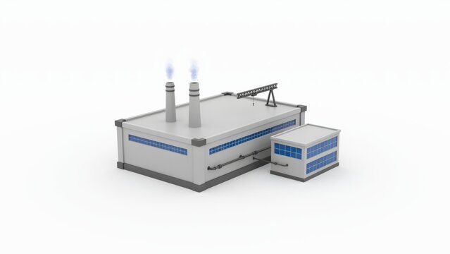 Industrial factory building illustration, modern manufacturing plant, clean architectural rendering on white background