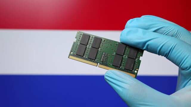Close up view of hand in blue glove holding RAM memory microchip module. Dutch flag in blurred background. Concept of semiconductor shortage, artificial intelligence development in Netherlands.