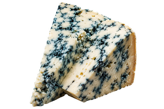 Wedge of blue cheese with distinctive mottled pattern on black background