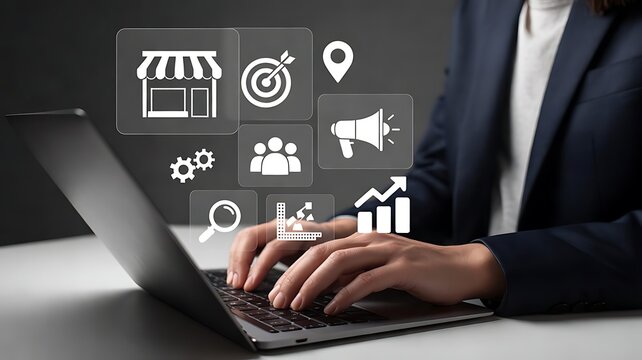 Digital Marketing Strategy and Business Growth Icons displayed above a person typing on a laptop computer for online promotion and analytics