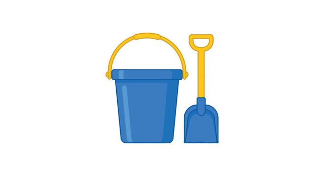 Blue bucket and yellow shovel a flat vector illustration on white