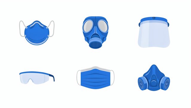 Blue face mask set with protective respirator and safety goggles, personal protective equipment icon collection, medical health vector elements