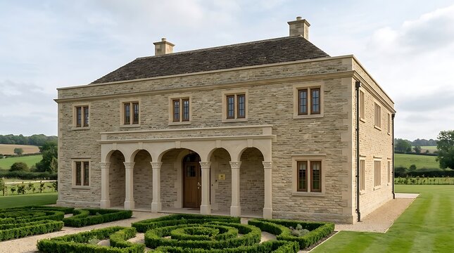 A refined stone residence that relies on authentic masonry, proportion and a shaded arcade rather than excessive decoration.