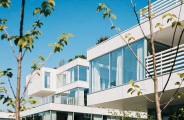 Obraz premium Modern white apartment buildings feature green balconies, lush plants, trees, and garden spaces, showcasing sustainable residential architecture, eco-friendly urban living, and contemporary design.
