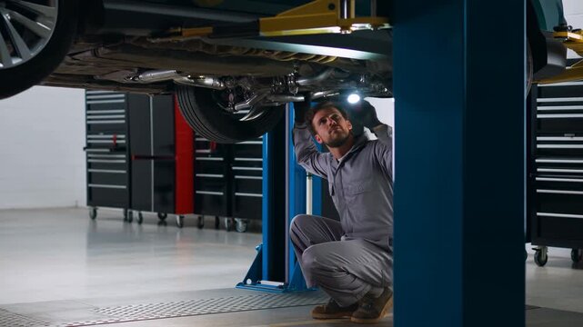 Mechanic crouches beneath raised car and inspects underbody with handheld flashlight inside clean automotive workshop, framed by blue lift posts and rolling tool cabinets
