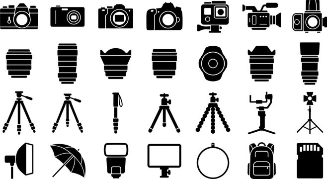 Photography and videography camera equipment vector icon set featuring DSLR, camera lenses, tripod, lighting, and accessories   