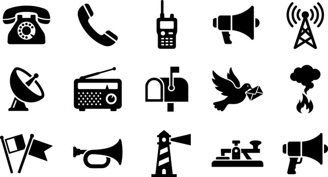 Traditional and modern communication methods vector icon set featuring telephone, walkie-talkie, satellite, mail pigeon, and morse code symbols   