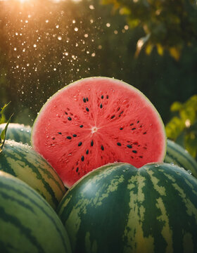 Sliced watermelon, fruit, macro, portrait. Fresh watermelon with water drops.