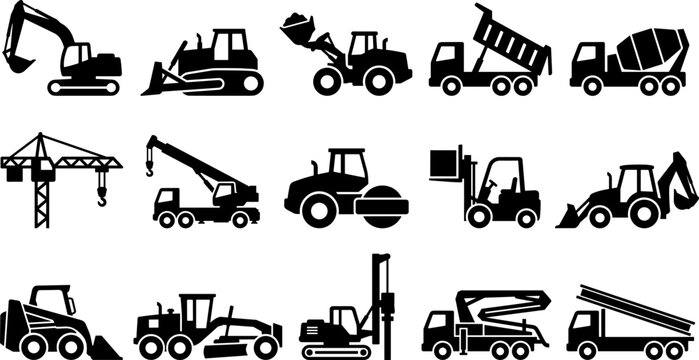 Heavy construction machinery and building vehicles vector icon set featuring excavator, bulldozer, dump truck, crane, and forklift symbols   