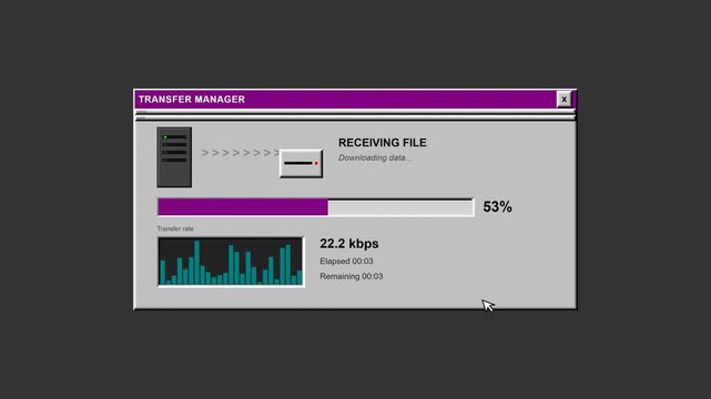 Retro vintage computer operating system file transfer progress bar animation loading from zero to hundred percent in nineties style pixel user interface on dark gray background