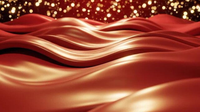 Flowing red satin waves with golden bokeh light background.