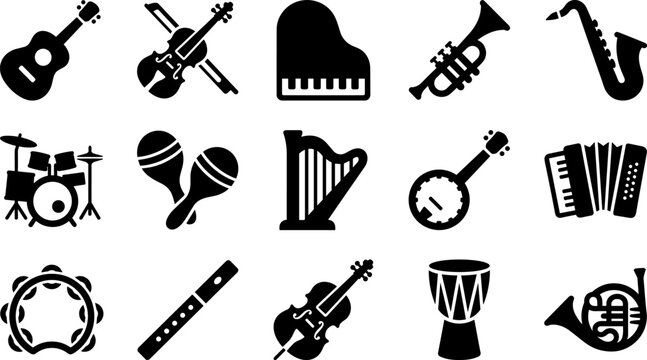 Musical instruments vector icon set featuring guitar, violin, piano, drum kit, saxophone, and harp symbols