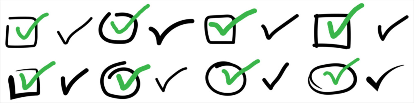 Collection of hand drawn checkmark boxes and green tick marks on white
