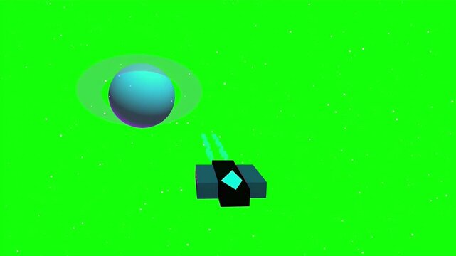 Spaceship shooting laser beams at blue planet on green screen background