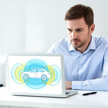 Western Caucasian male automotive engineer reviewing a sensor fusion display showing overlapping radar and camera detection zones around a vehicle on a laptop screen, ADAS development technology conce