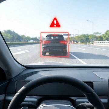 Windshield head up display showing a highlighted vehicle detection box and warning triangle during highway driving, automotive safety technology concept