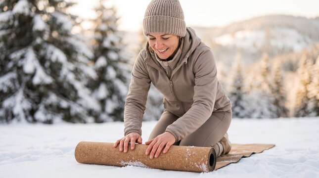 yoga mat in snow, Young woman in winter sportswear unrolling yoga mat outdoors in snowy forest  