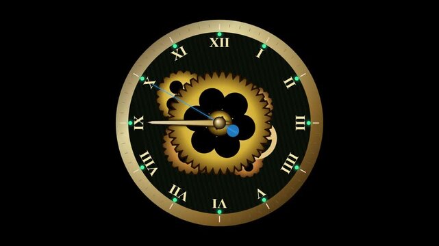 Vintage clock face with golden mechanical gears and roman numerals on a black background