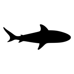 Obraz premium Black silhouette shark swimming - A sleek black silhouette of a shark swimming smoothly in clean, minimalist style.