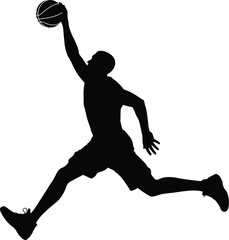 A black silhouette of a basketball player jumping to perform a slam dunk with a basketball, isolated on a white background, for sports and athletics © Nargis