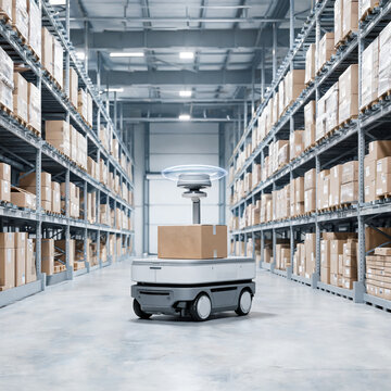 Autonomous mobile robot pausing at an intersection with a projected navigation grid on the floor, smart facility automation concept