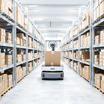 Overhead view of autonomous mobile robots following mapped paths across a warehouse floor, robotic fleet navigation concept