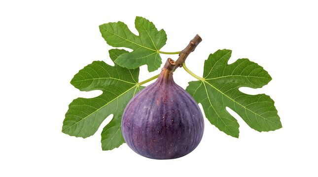 Single ripe purple fig fruit with green lobed leaves on a stem, isolated on white background